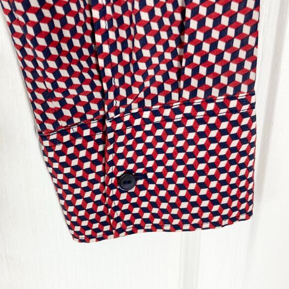 THEORY Button Shirt Women XL Silk Multi-Red Geo-Print Pocket Long-Slv “Rogene” - Picture 8 of 13